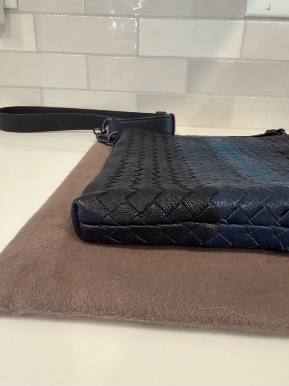 Bottega Veneta Men's Woven Leather Blue & Black Napa Intrecciato Bag